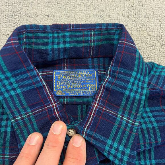 Vintage Pendleton Men's Button Up Shirt Blue/Green Medium Plaid 100% Virgin Wool - Picture 2 of 9